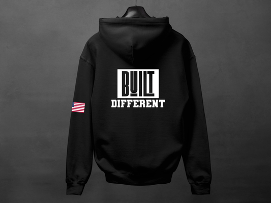 Built Different Premium Hoodie With American Flag - Asphalt Jungle Co